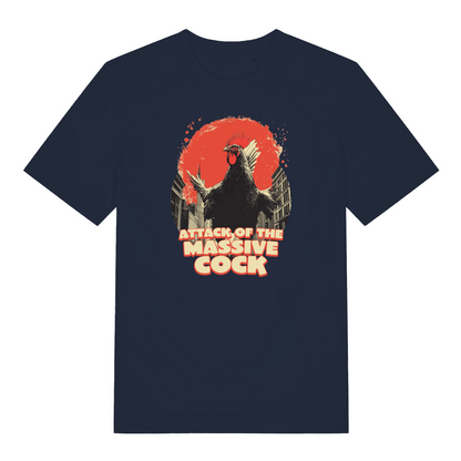 navy funny offensive t-shirt with the graphic of a cockerel and the slogan 'attack of the massive cock'