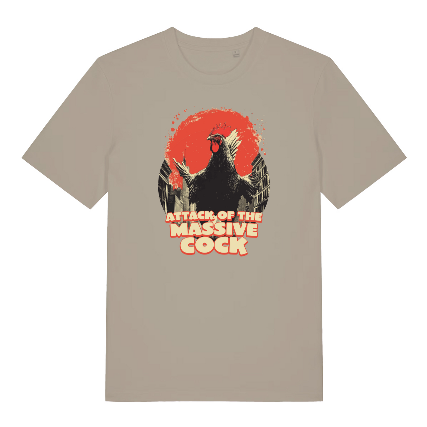 stone funny offensive t-shirt with the graphic of a cockerel and the slogan 'attack of the massive cock'