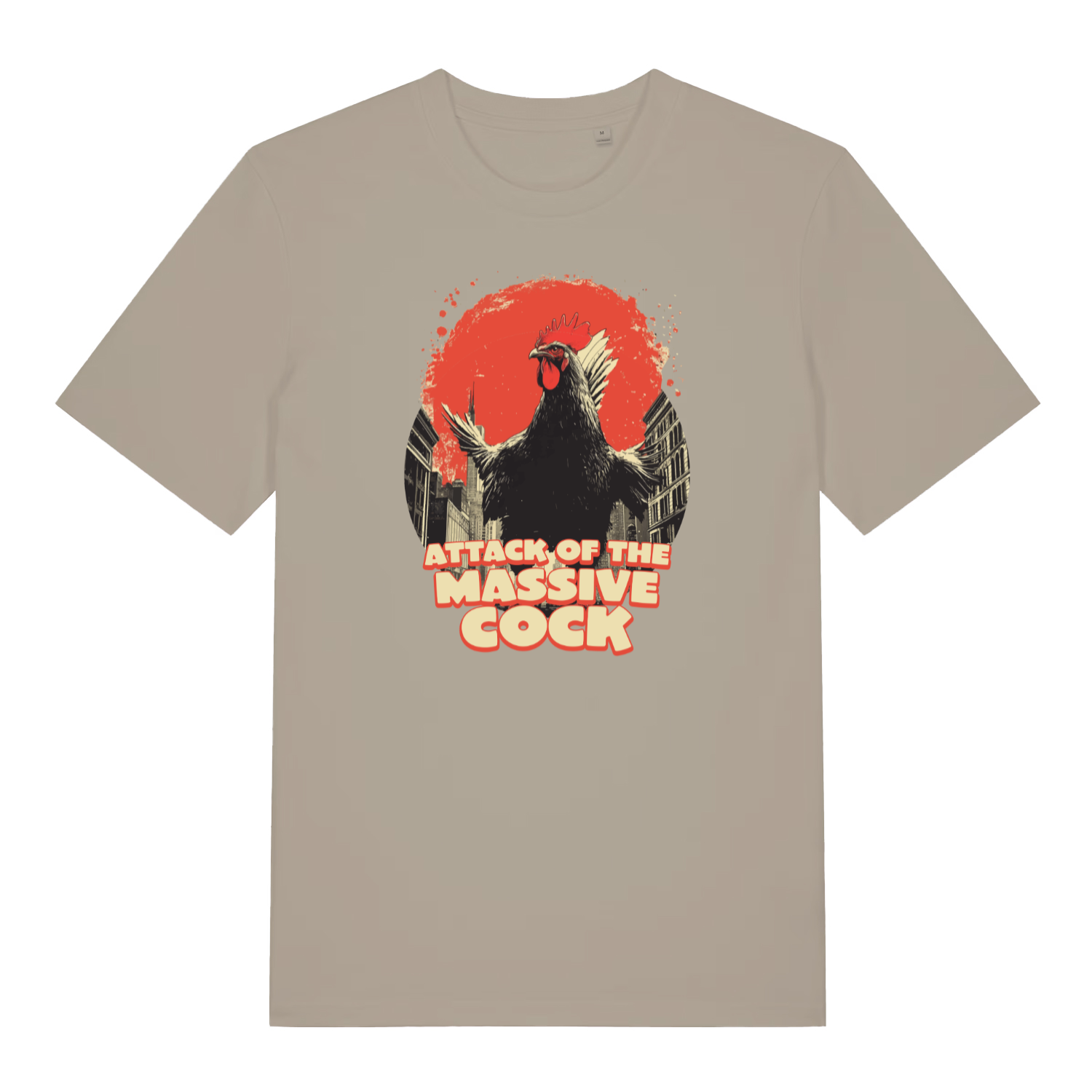 stone funny offensive t-shirt with the graphic of a cockerel and the slogan 'attack of the massive cock'