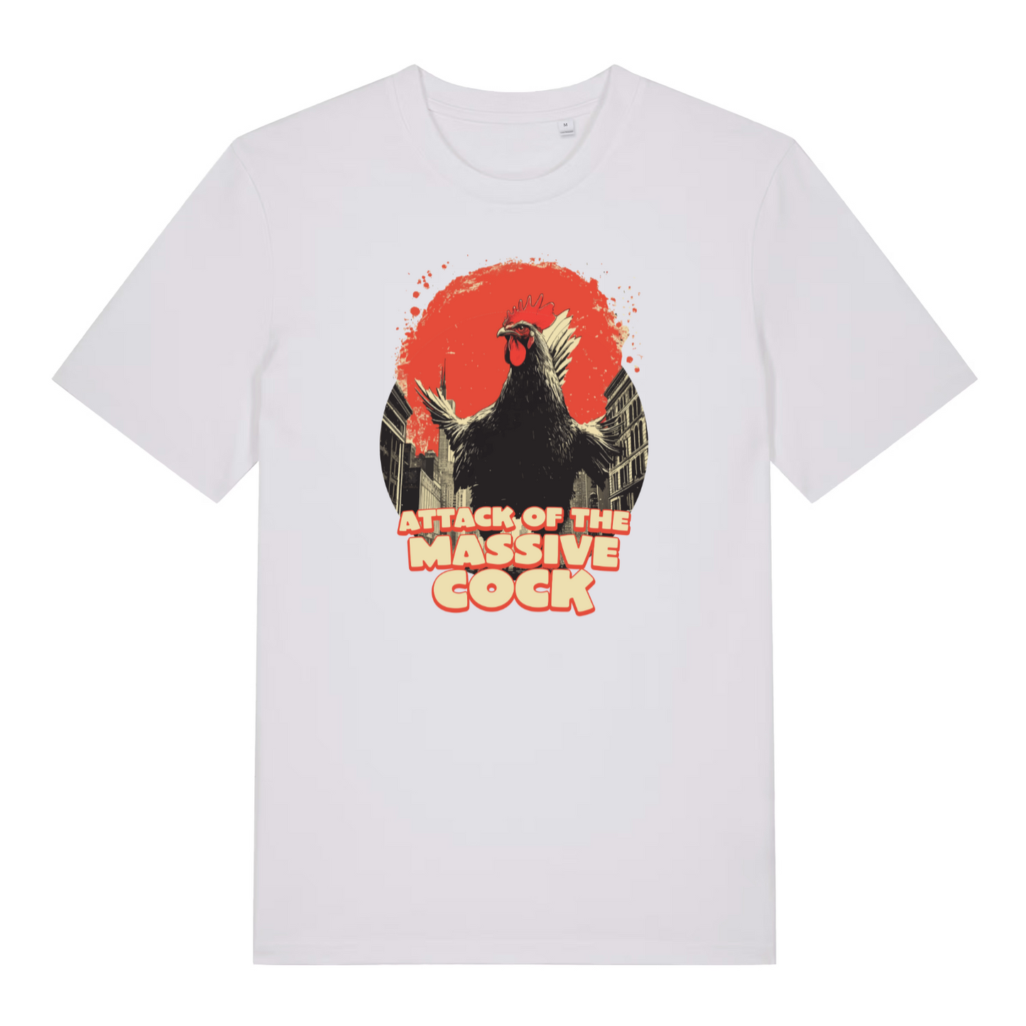 white funny offensive t-shirt with the graphic of a cockerel and the slogan 'attack of the massive cock'