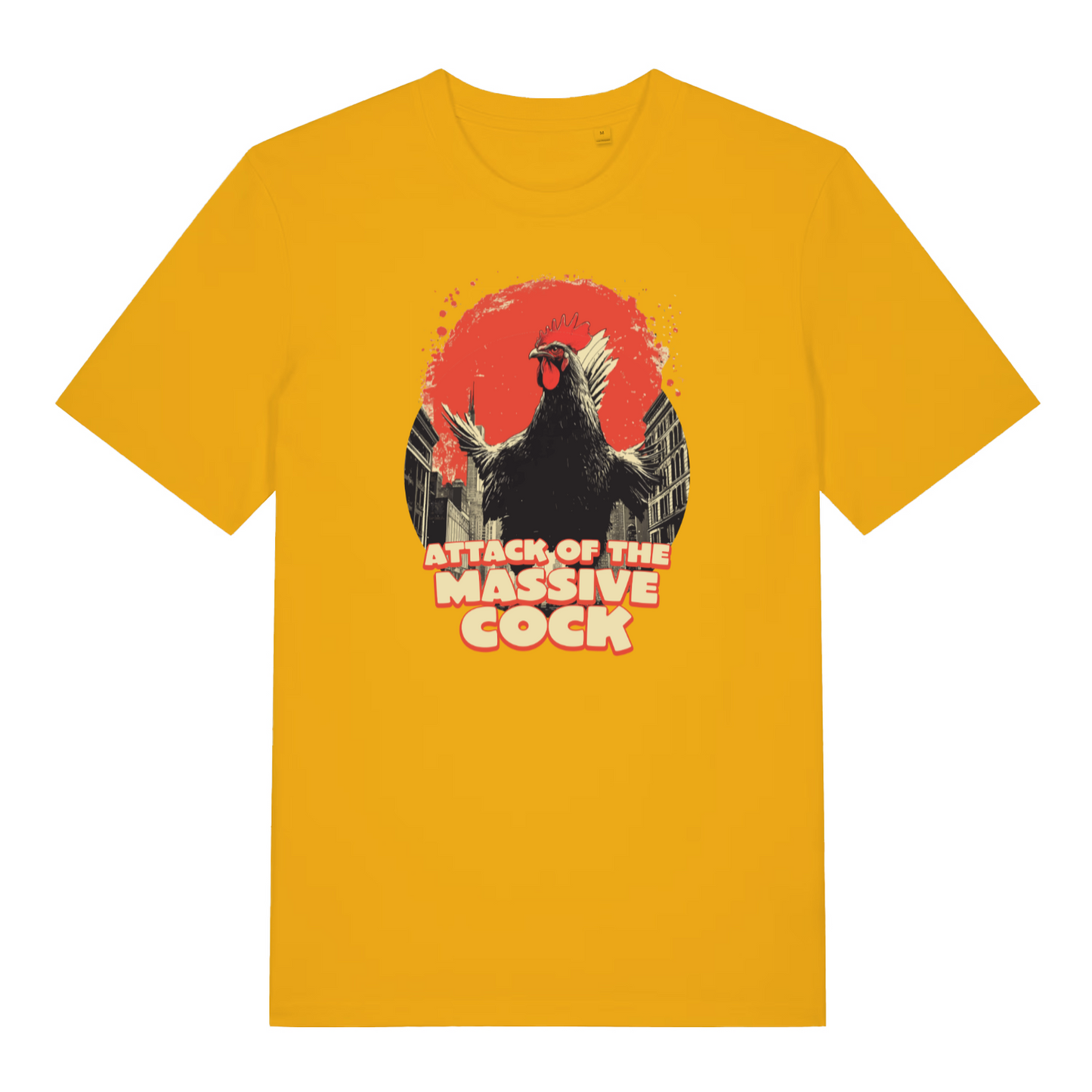 yellow funny offensive t-shirt with the graphic of a cockerel and the slogan 'attack of the massive cock'