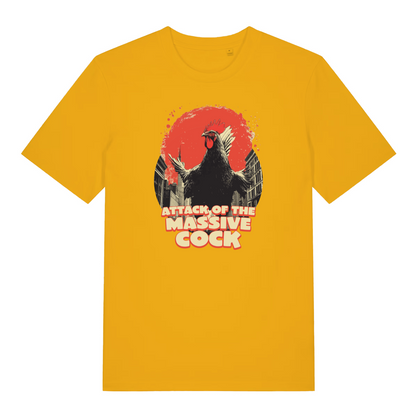 yellow funny offensive t-shirt with the graphic of a cockerel and the slogan 'attack of the massive cock'