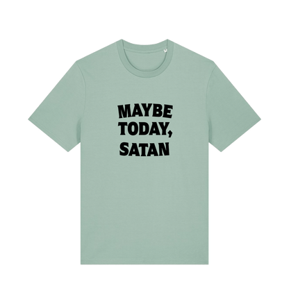 mint green slogan t-shirt with 'maybe today, satan'