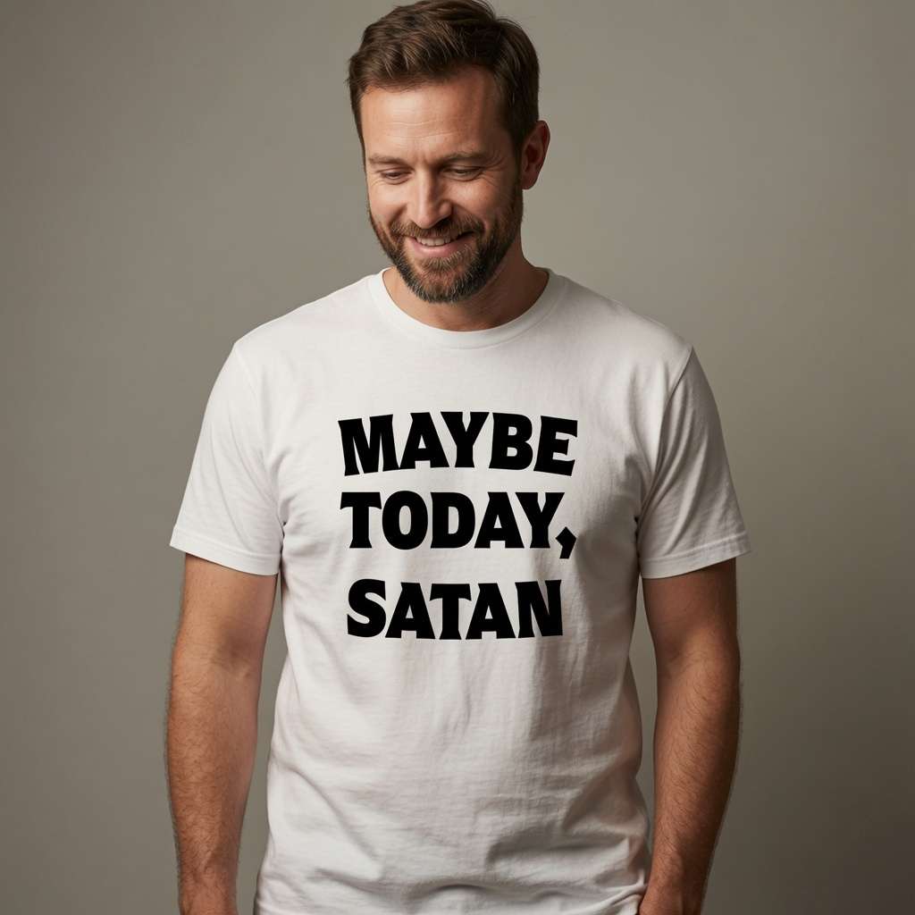 Man smiling looking down in white Maybe Today, Satan t-shirt, mens witty slogan