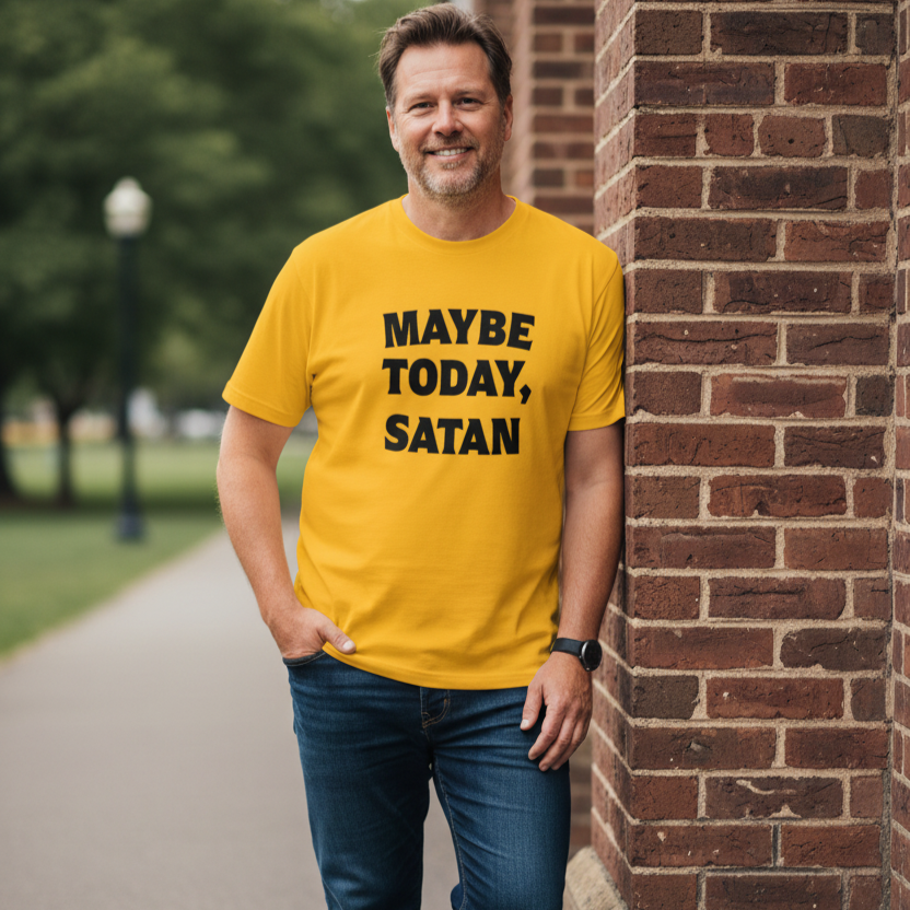 A man wearing a bright yellow t-shirt with the text 'MAYBE TODAY, SATAN' in black capital letters, standing outdoors next to a brick wall.