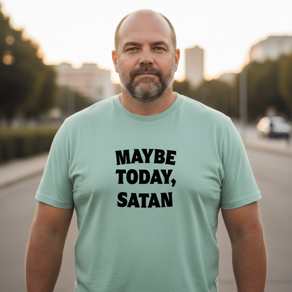 Man wearing a light green t-shirt with 'MAYBE TODAY, SATAN' text outdoors.