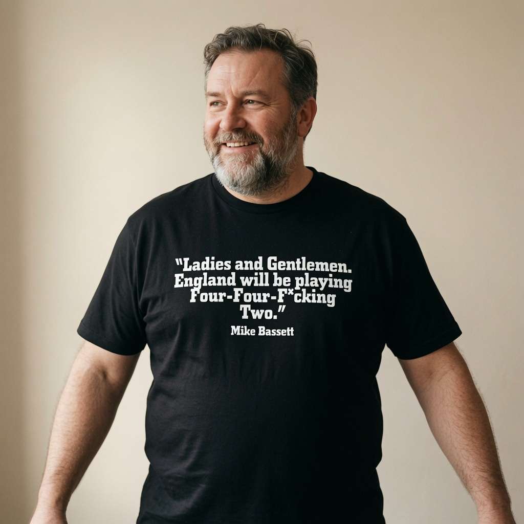 Grey-bearded man smiling looking to the side in black Mike Bassett Four-Four-F*cking Two tee, witty england football quote