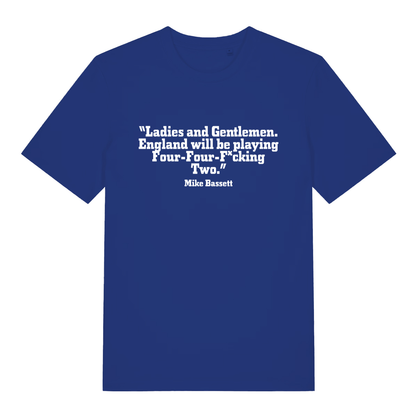 Blue Mike Bassett Four Four Fucking Two funny slogan t-shirt featuring classic “Four-Four-F*cking Two” quote  