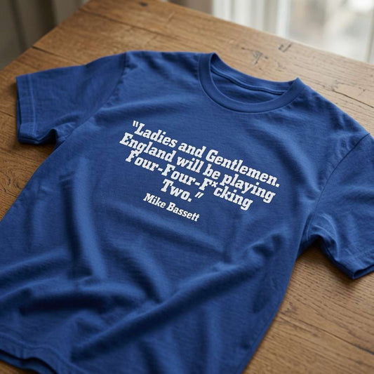 Blue Mike Bassett Four-Four-F*cking Two t-shirt on wood, mens fun england football team slogan shirt