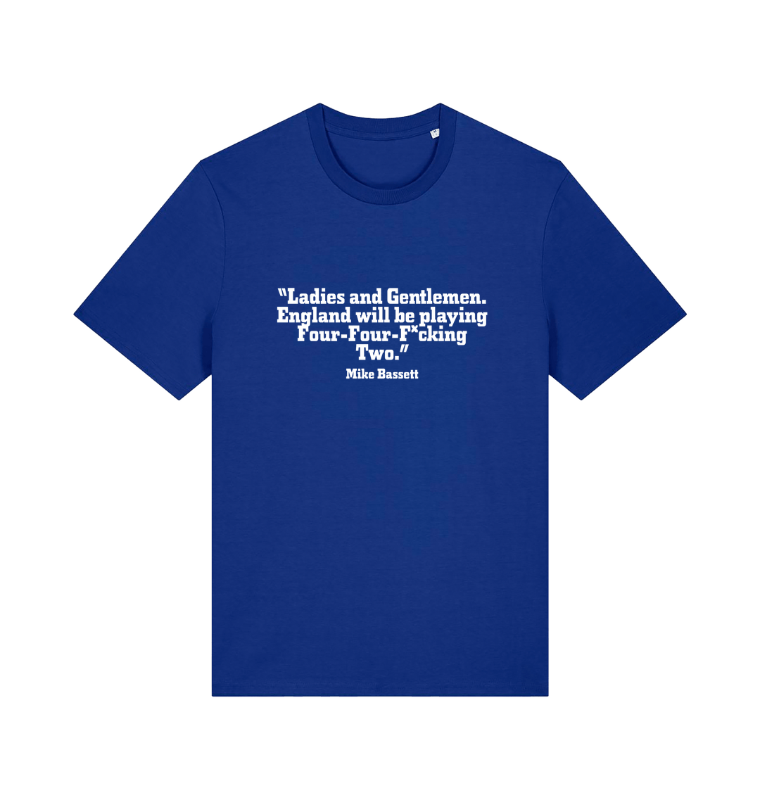 blue slogan t-shirt with a quote from mike bassett 