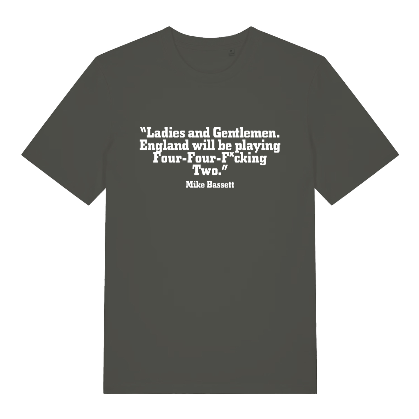 Khaki Mike Bassett Four Four Fucking Two funny slogan t-shirt with white “Four-Four-F*cking Two” lettering  