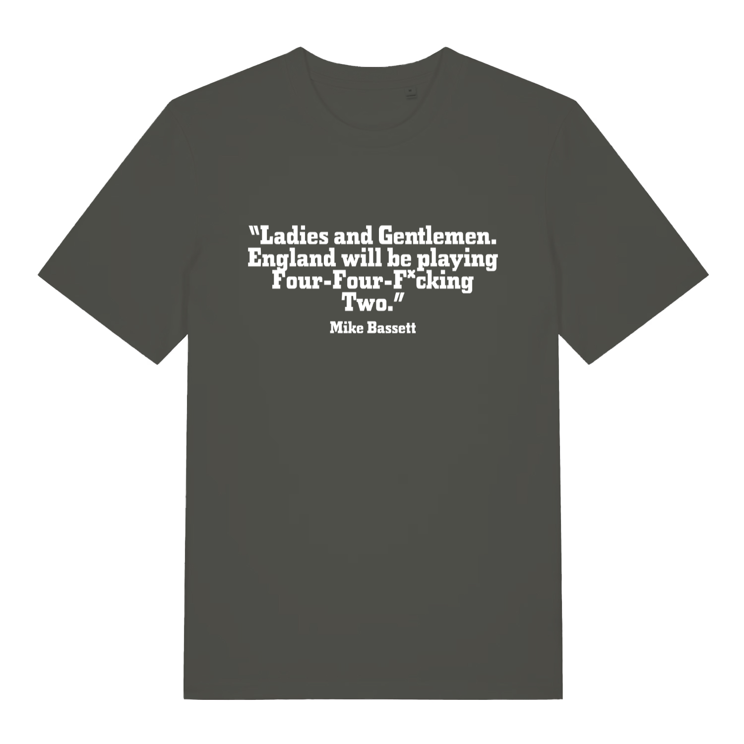 Khaki Mike Bassett Four Four Fucking Two funny slogan t-shirt with white “Four-Four-F*cking Two” lettering  