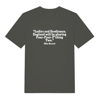 Khaki Mike Bassett Four Four Fucking Two funny slogan t-shirt with white “Four-Four-F*cking Two” lettering  