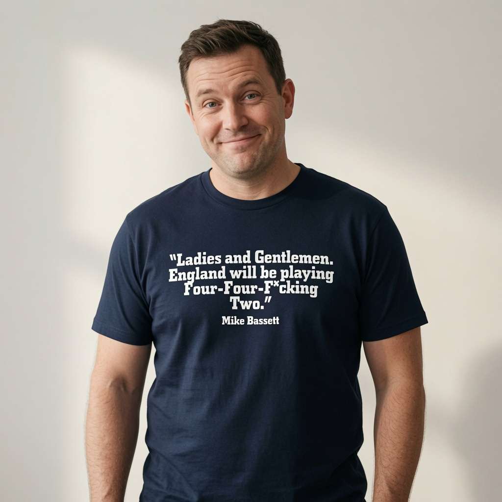 Man with slight smile in navy Mike Bassett Four-Four-F*cking Two t-shirt, mens witty england football team slogan