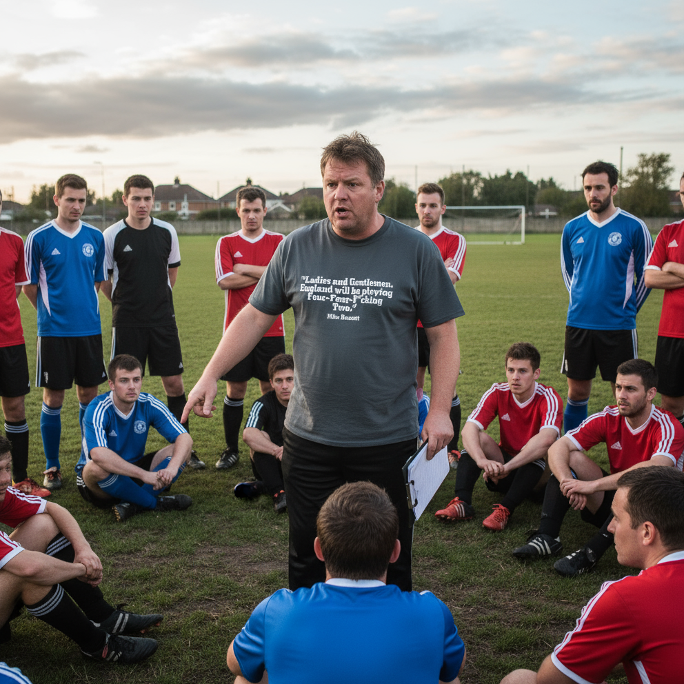 Coach giving instructions to a group of soccer players on the field