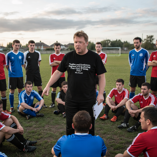 Coach giving instructions to a group of soccer players on the field