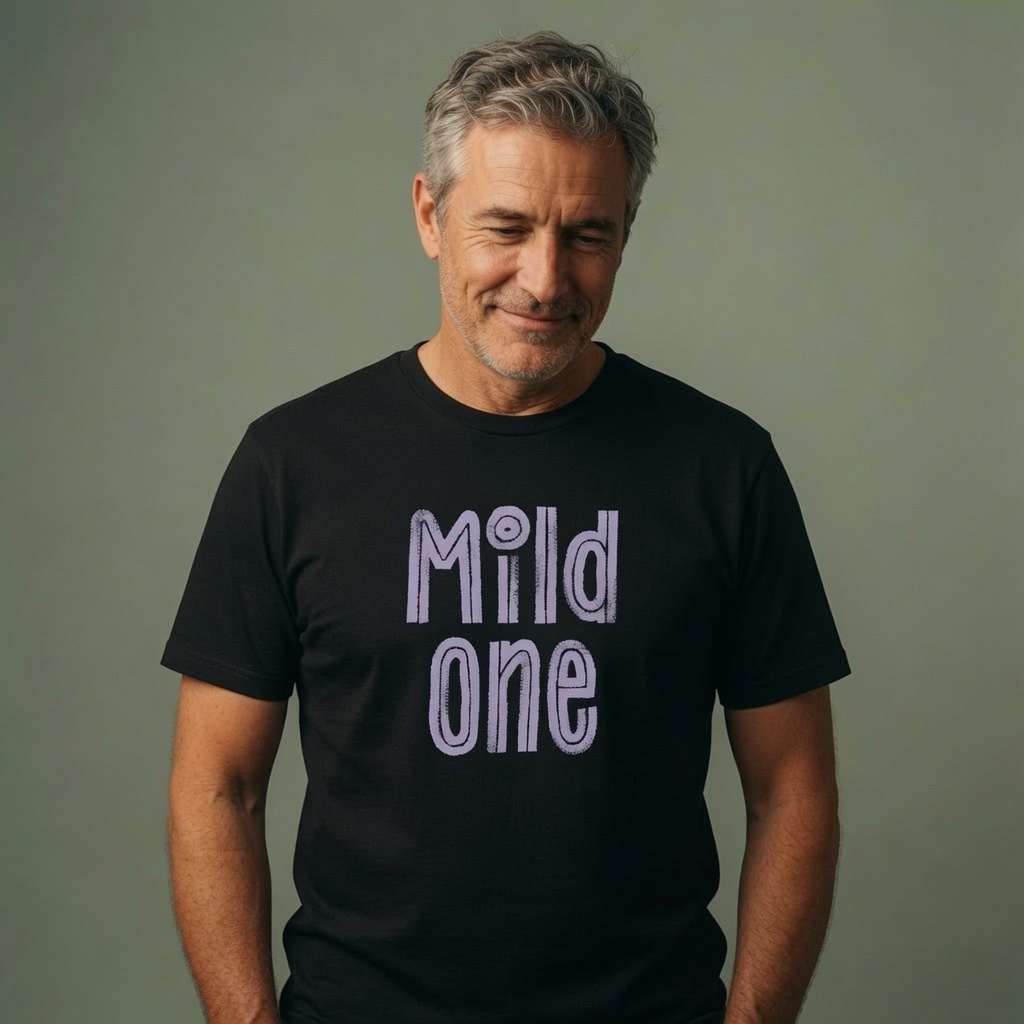 Grey-haired man smiling looking down in black Mild One t-shirt, cheeky fun matching slogan