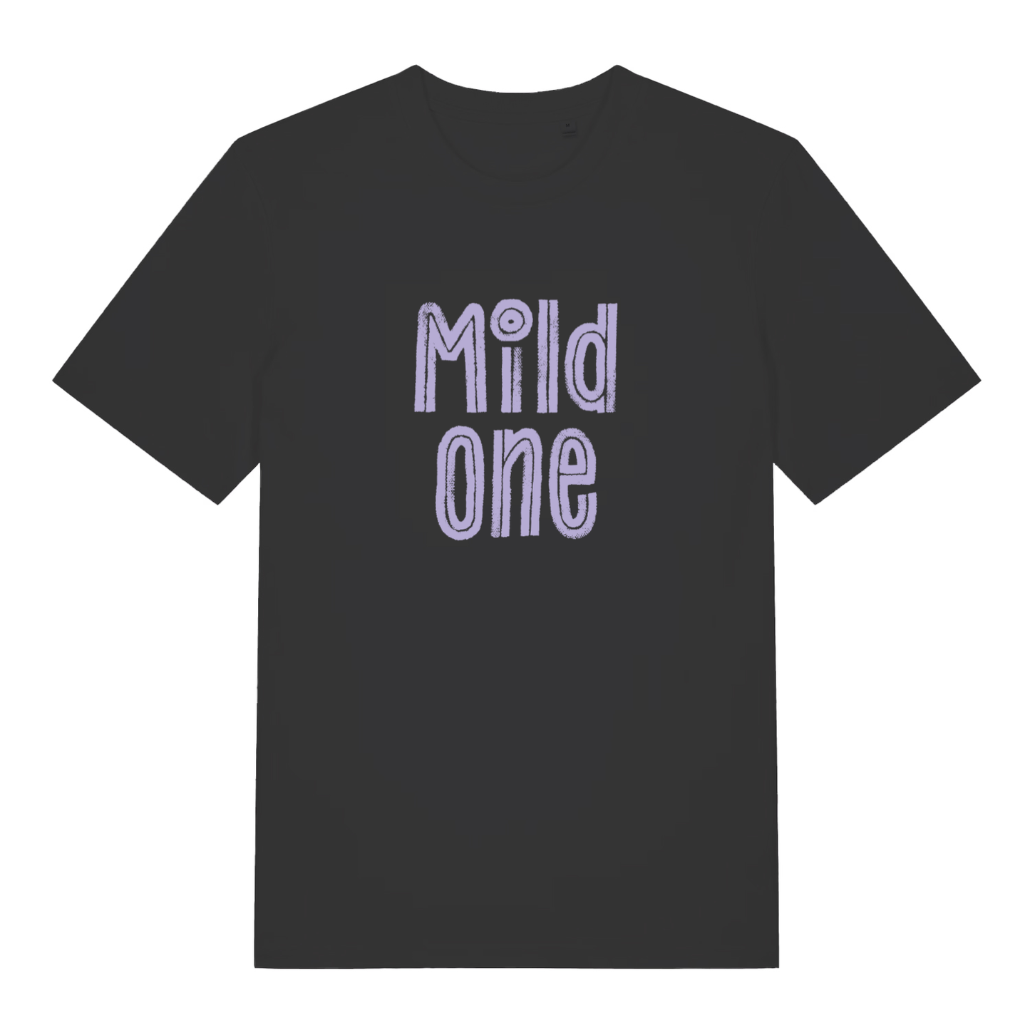 Black Mild One funny slogan t-shirt with soft purple “Mild one” hand-drawn style text  
