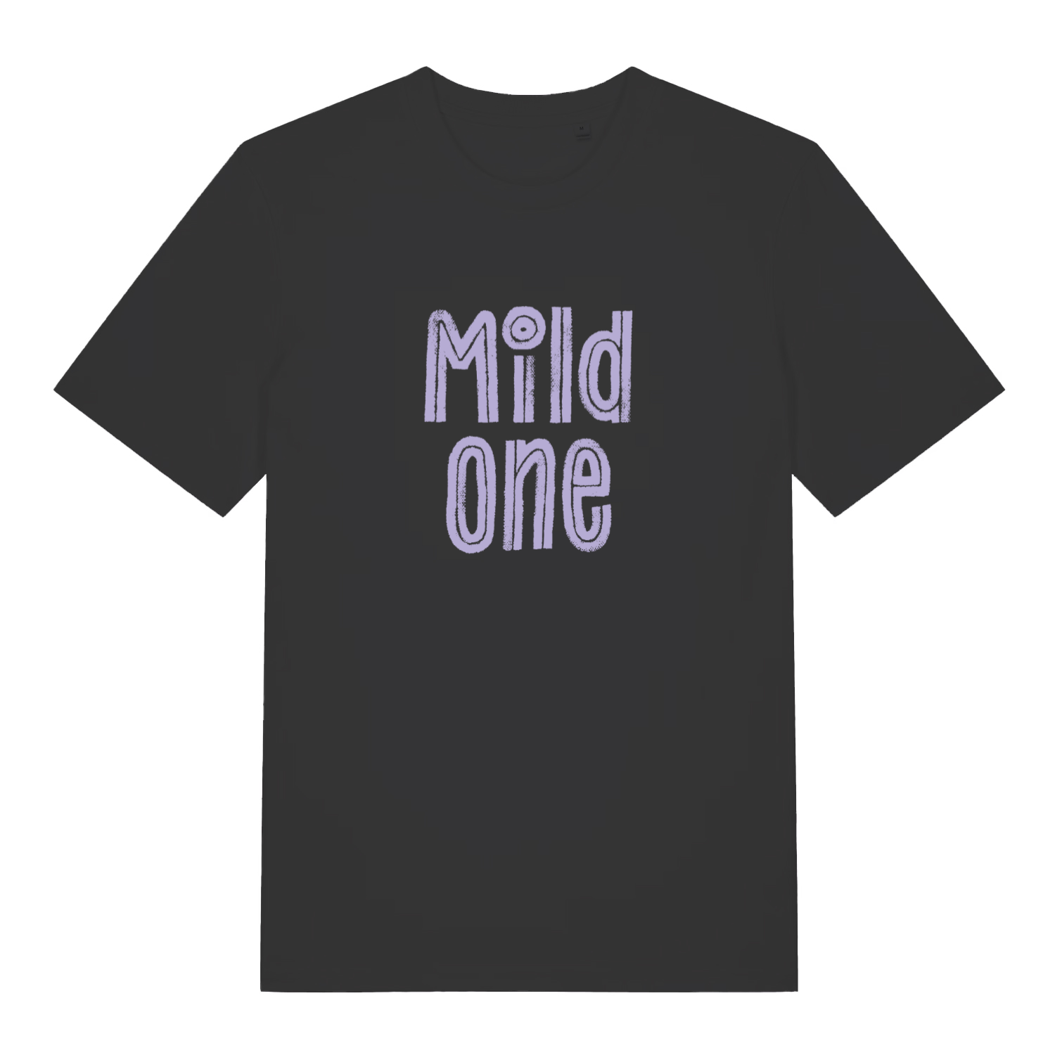 Black Mild One funny slogan t-shirt with soft purple “Mild one” hand-drawn style text  