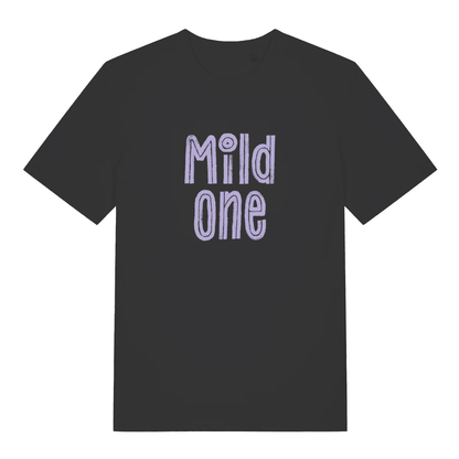 Black Mild One funny slogan t-shirt with soft purple “Mild one” hand-drawn style text  