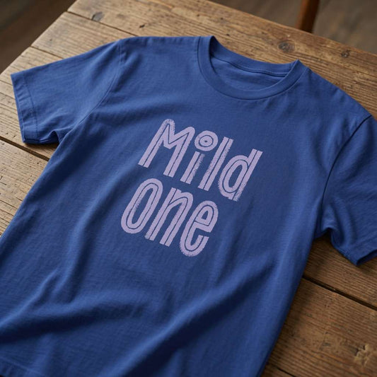 Blue Mild One t-shirt on wood, witty mens matching fun slogan