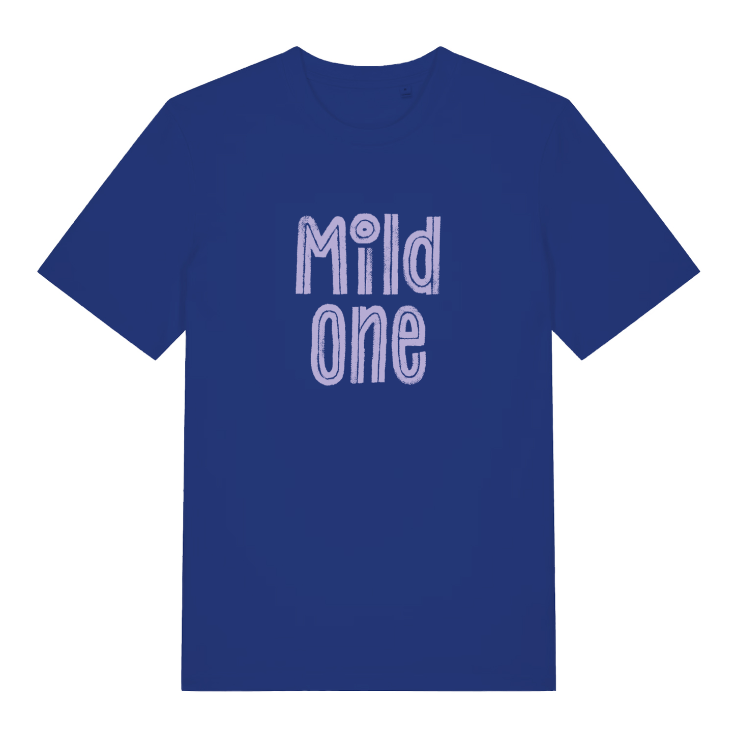 Blue Mild One funny slogan t-shirt featuring purple “Mild one” lettering  