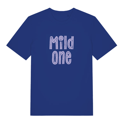 Blue Mild One funny slogan t-shirt featuring purple “Mild one” lettering  