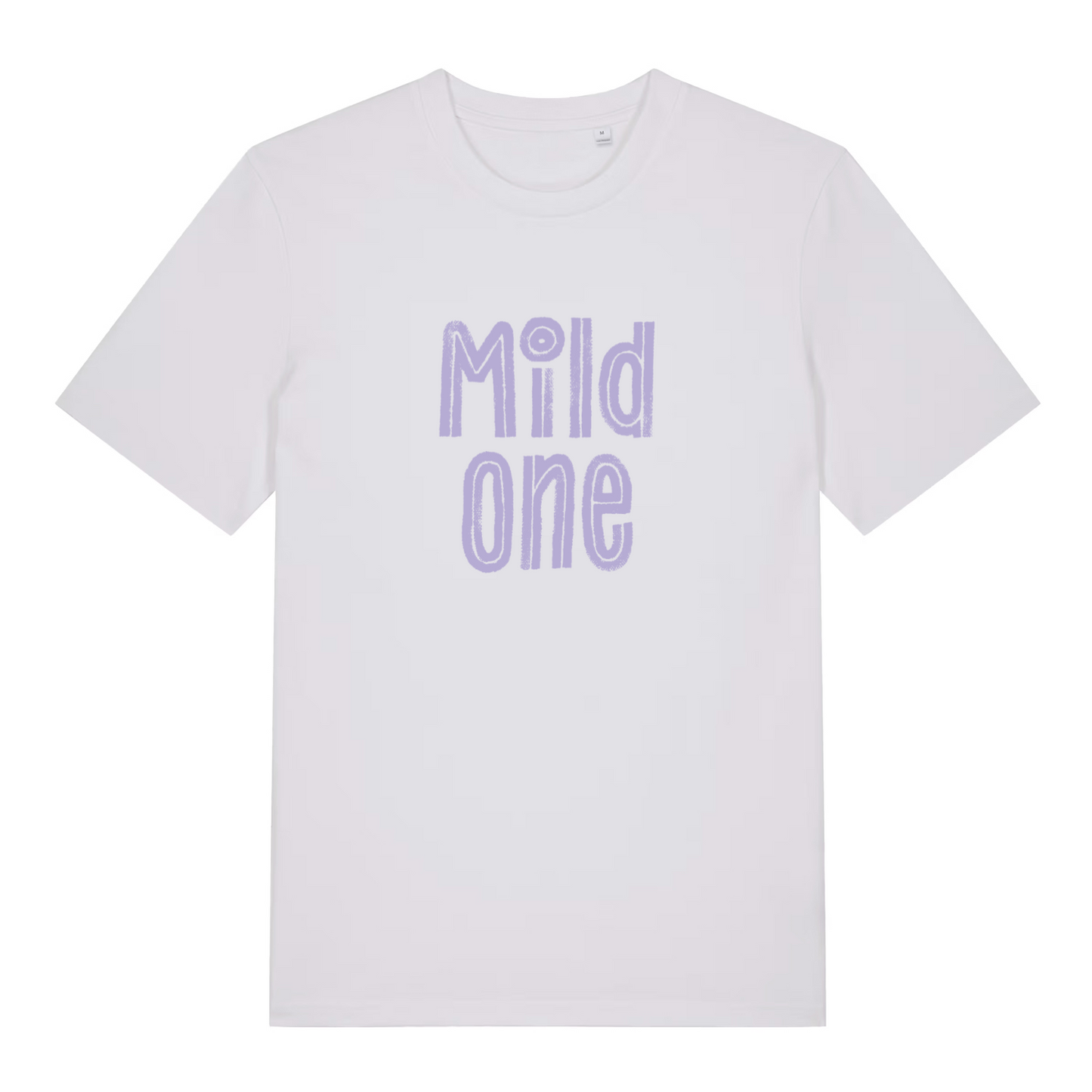 White Mild One funny slogan t-shirt with soft purple “Mild one” hand-drawn text  