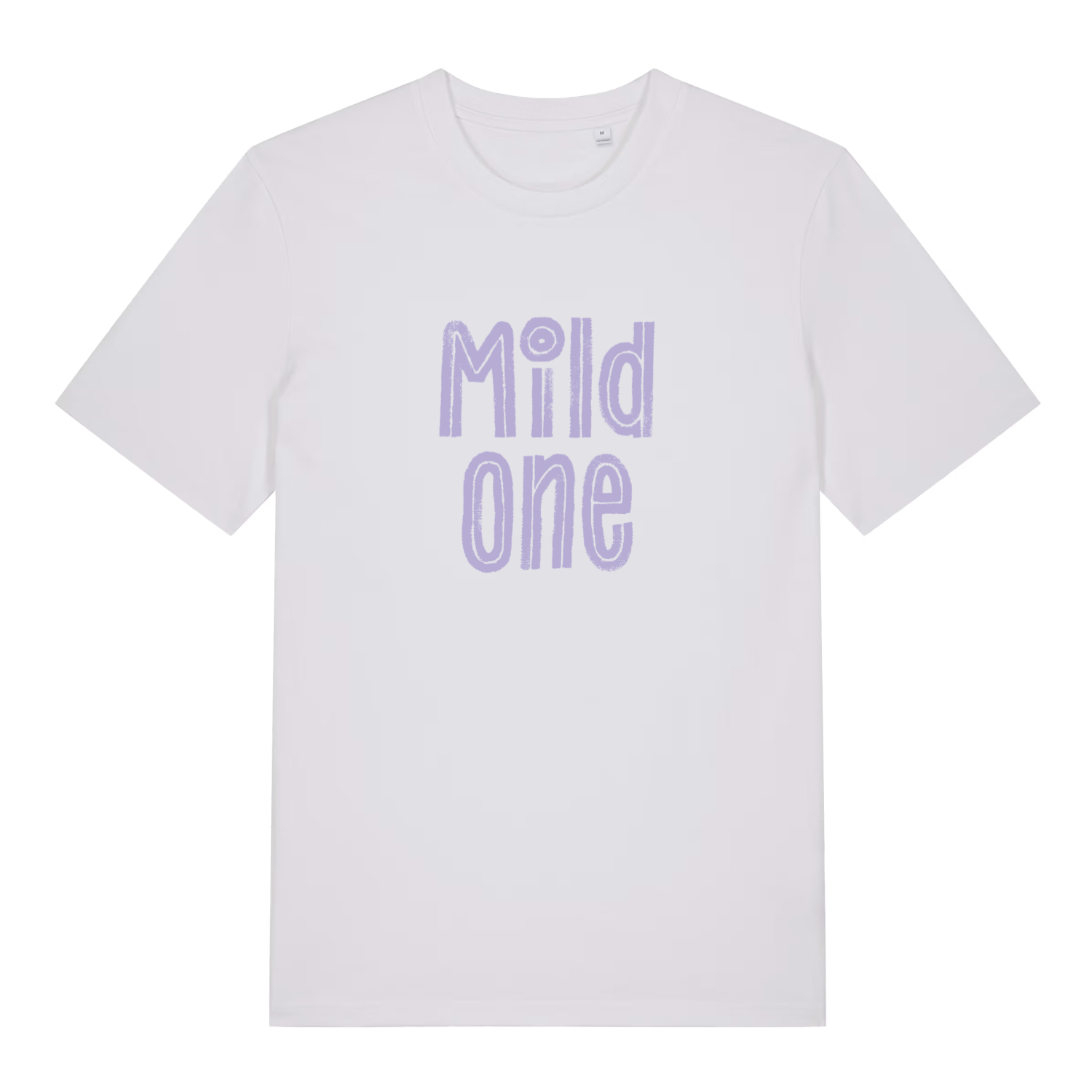 White Mild One funny slogan t-shirt with soft purple “Mild one” hand-drawn text  