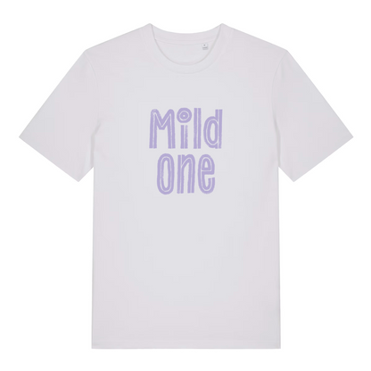 White Mild One funny slogan t-shirt with soft purple “Mild one” hand-drawn text  