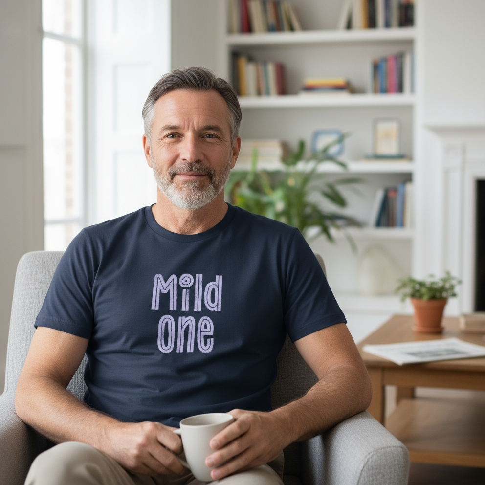 Man sitting in a living room wearing a navy blue t-shirt with 'Mild One' text, holding a mug.