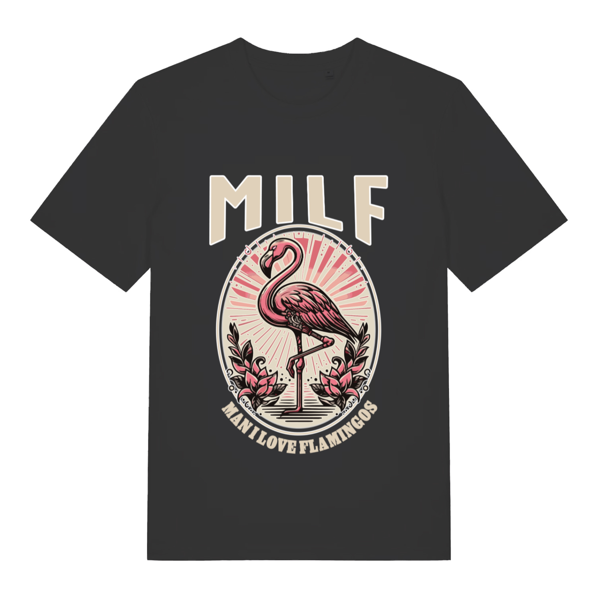 Black MILF Man I Love Flamingos funny graphic t-shirt with pink flamingo design and bold lettering  