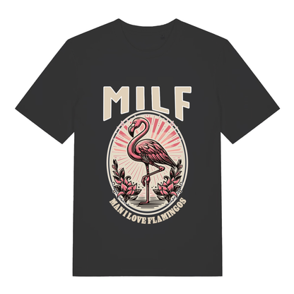 Black MILF Man I Love Flamingos funny graphic t-shirt with pink flamingo design and bold lettering  