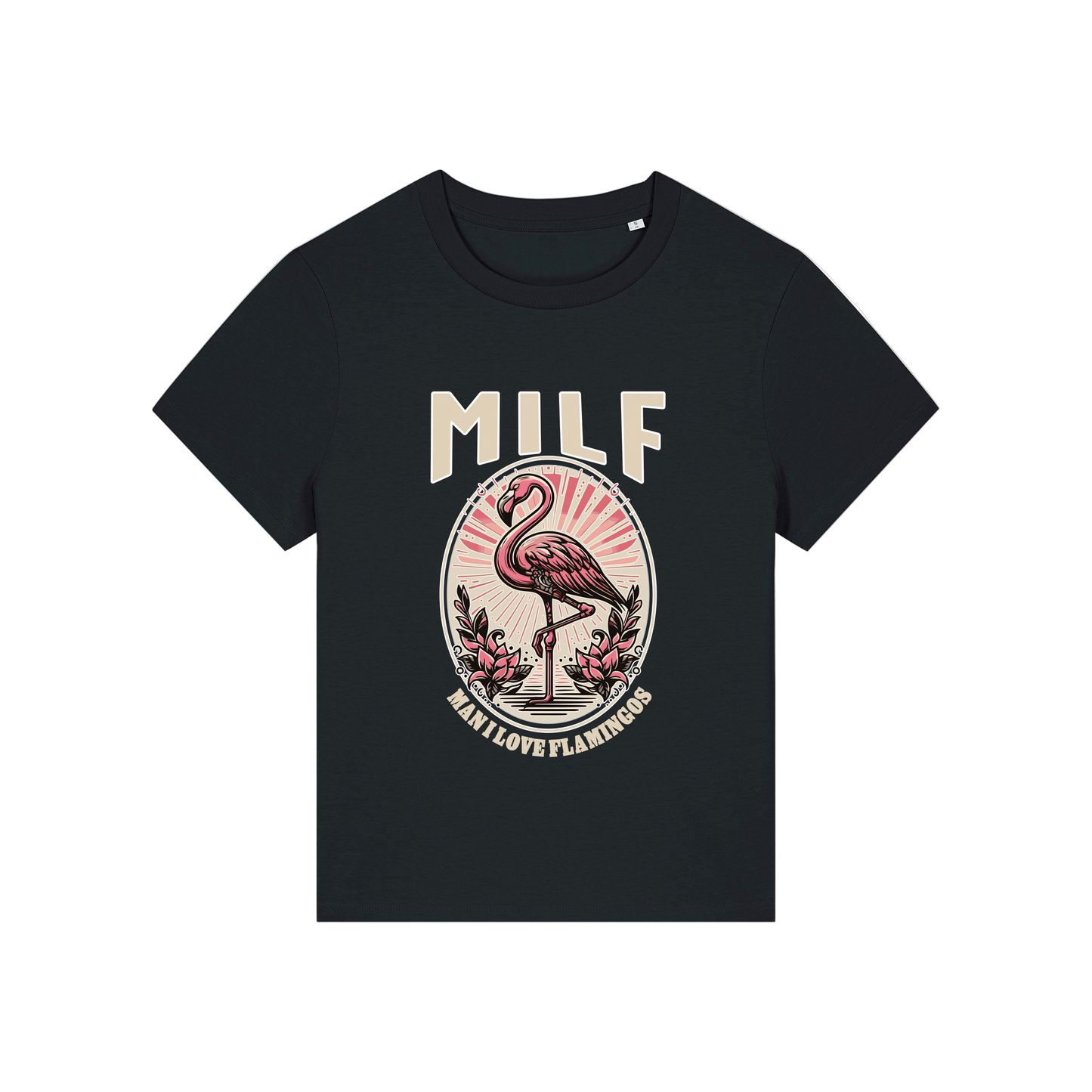 black funny animal t-shirt with the graphic of a flamingo and the slogan 'milf .. man i love flamingos'