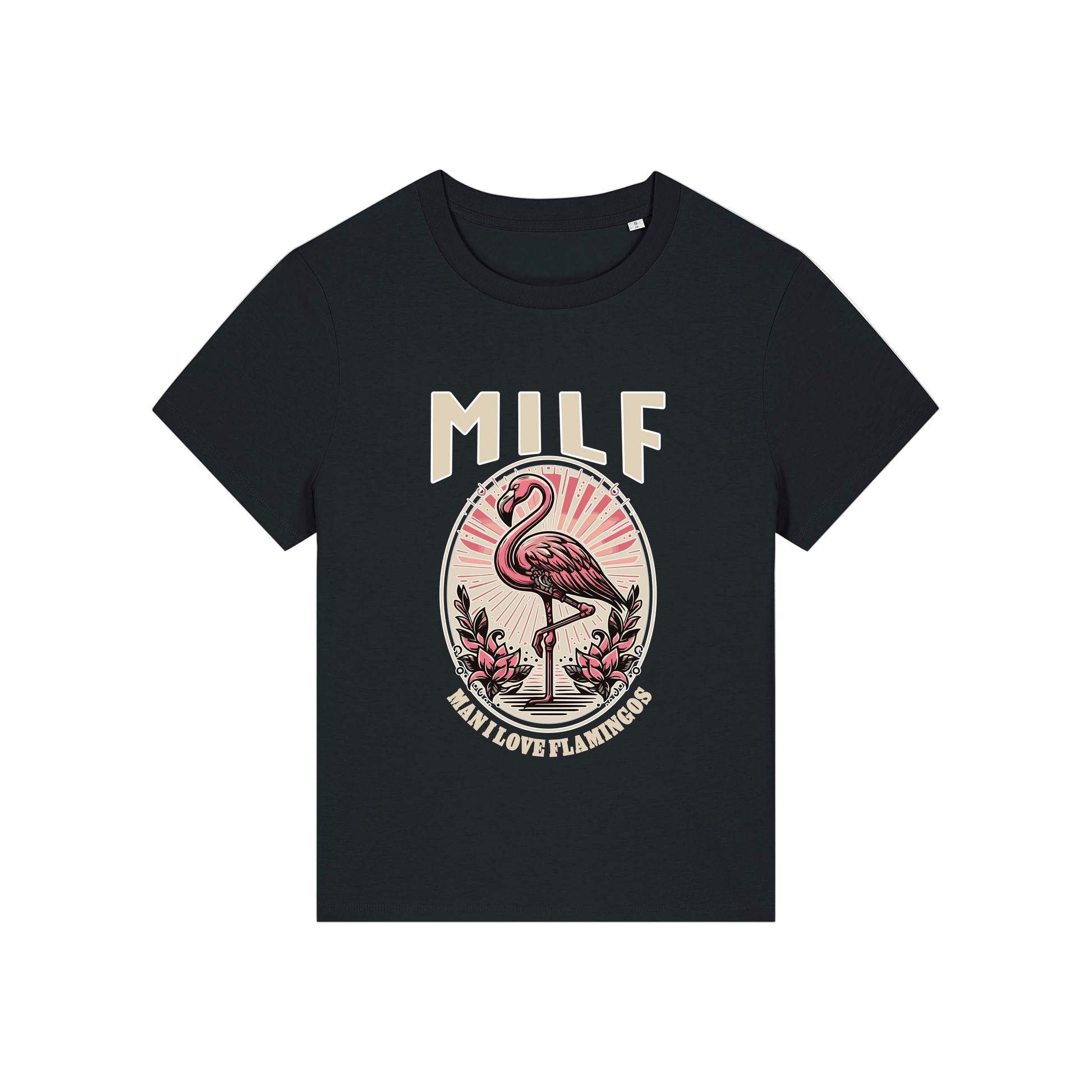 black funny animal t-shirt with the graphic of a flamingo and the slogan 'milf .. man i love flamingos'