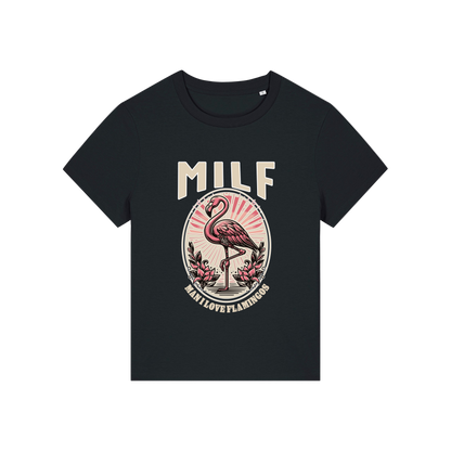 black funny animal t-shirt with the graphic of a flamingo and the slogan 'milf .. man i love flamingos'
