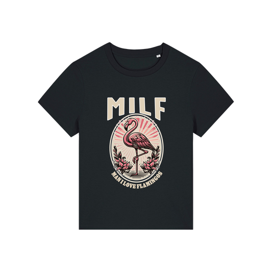 black funny animal t-shirt with the graphic of a flamingo and the slogan 'milf .. man i love flamingos'