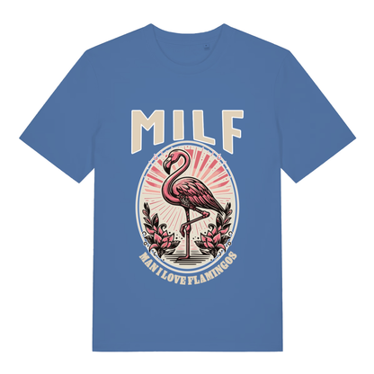 Blue MILF Man I Love Flamingos funny graphic t-shirt featuring pink flamingo and “MAN I LOVE FLAMINGOS” text  