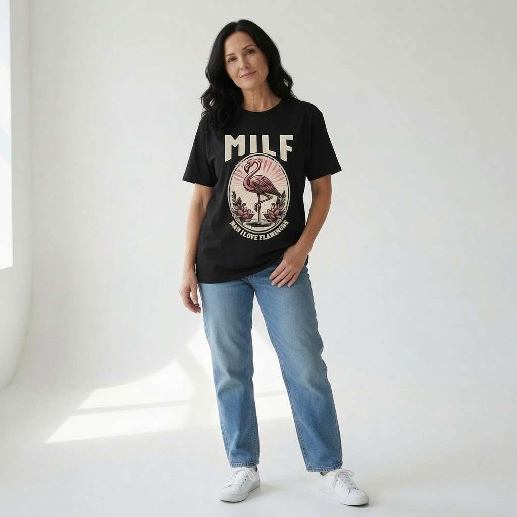 Woman standing with hand in pocket in black MILF Man I Love Flamingos t-shirt, fun witty ladies rude flamingo graphic