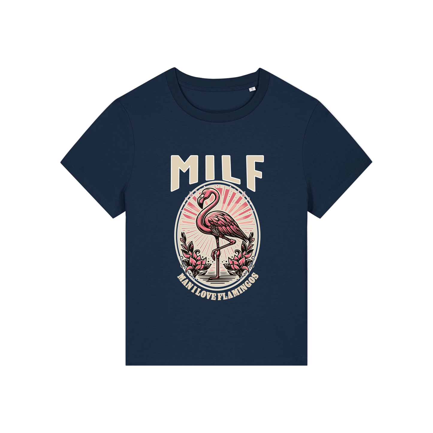 navy funny animal t-shirt with the graphic of a flamingo and the slogan 'milf .. man i love flamingos'