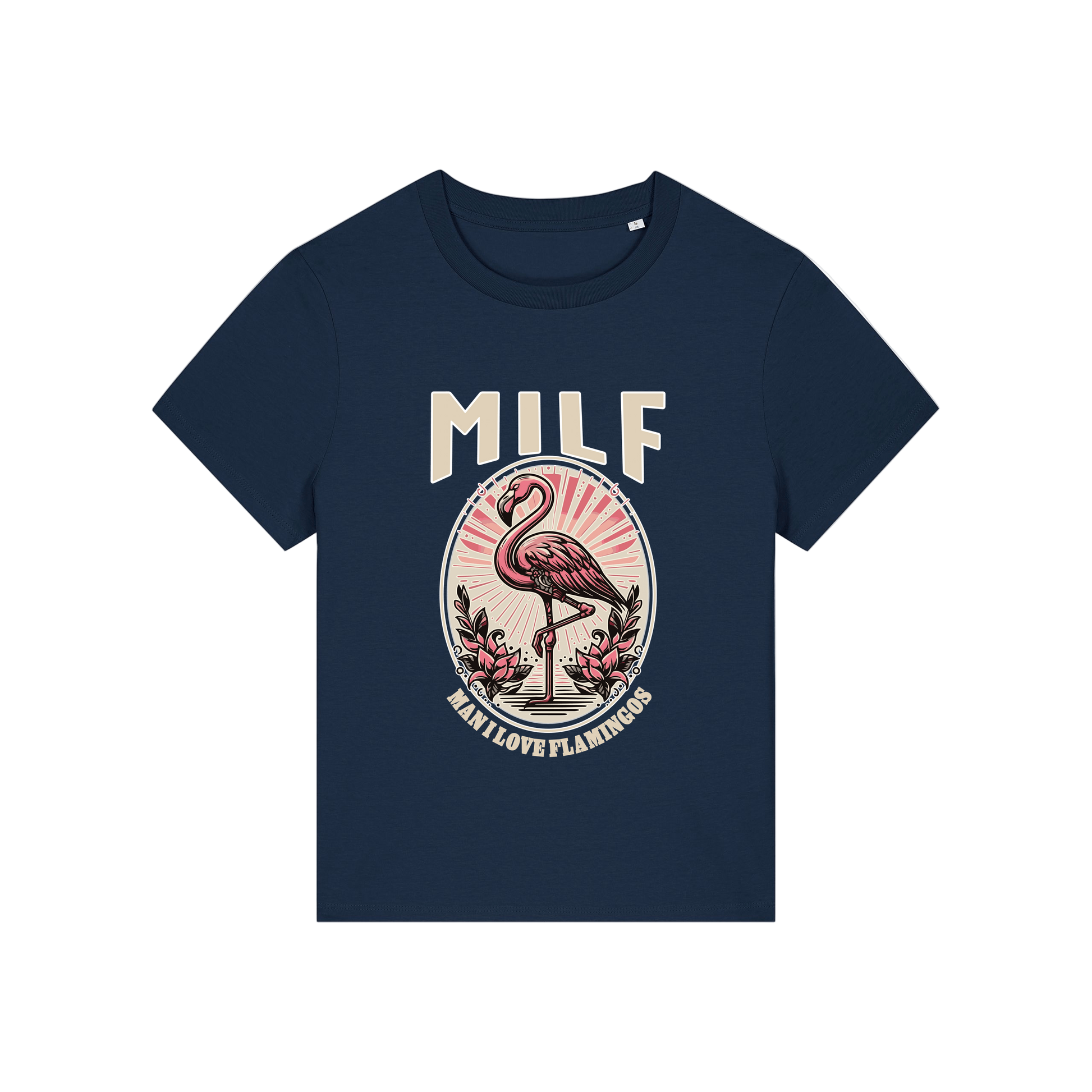 navy funny animal t-shirt with the graphic of a flamingo and the slogan 'milf .. man i love flamingos'