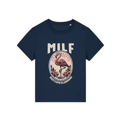 navy funny animal t-shirt with the graphic of a flamingo and the slogan 'milf .. man i love flamingos'