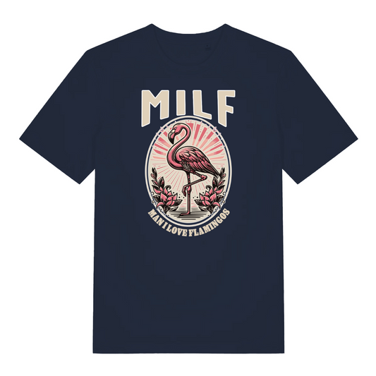 navy women's funny animal t-shirt with the graphic of a flamingo and the slogan 'milf man i love flamingos'