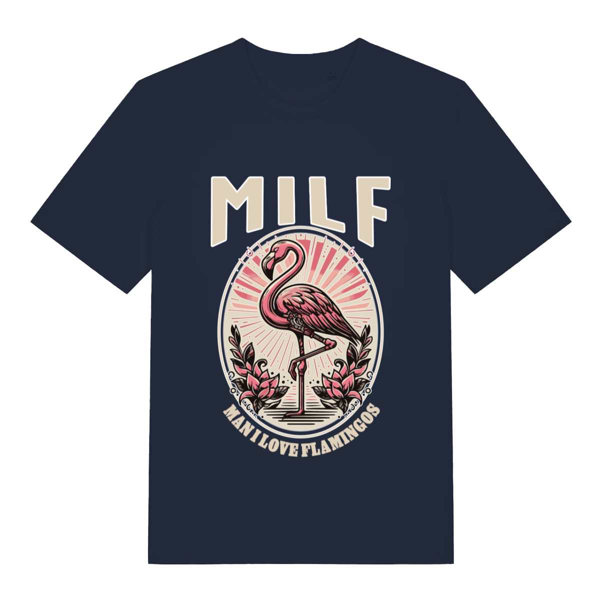 Navy MILF Man I Love Flamingos funny graphic t-shirt with detailed pink flamingo graphic  