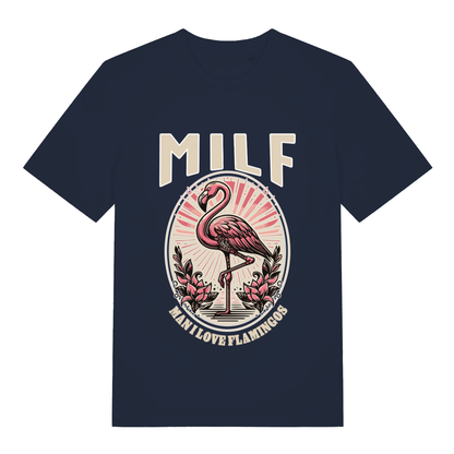 Navy MILF Man I Love Flamingos funny graphic t-shirt with detailed pink flamingo graphic  