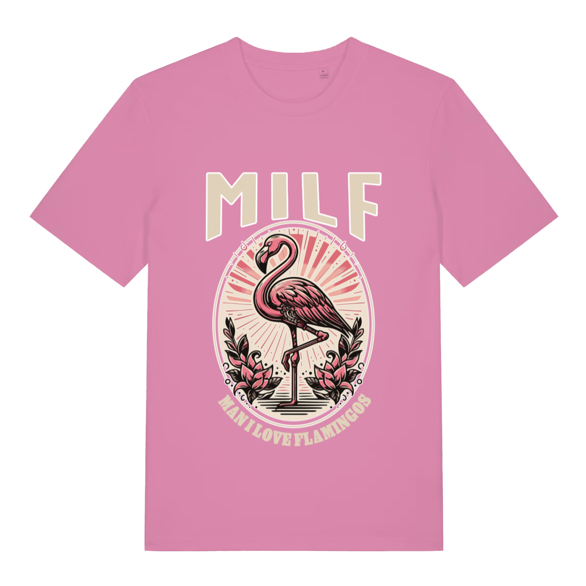 Pink MILF Man I Love Flamingos funny graphic t-shirt showing flamingo design and bold “MILF” lettering  