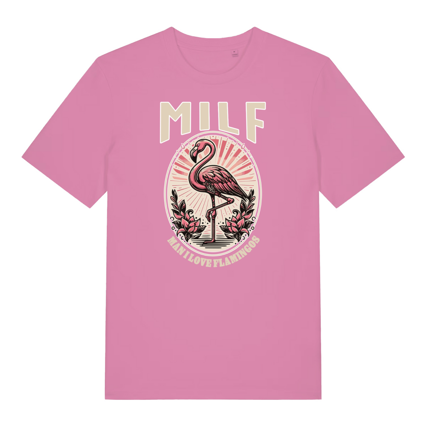 pink women's funny animal t-shirt with the graphic of a flamingo and the slogan 'milf man i love flamingos'