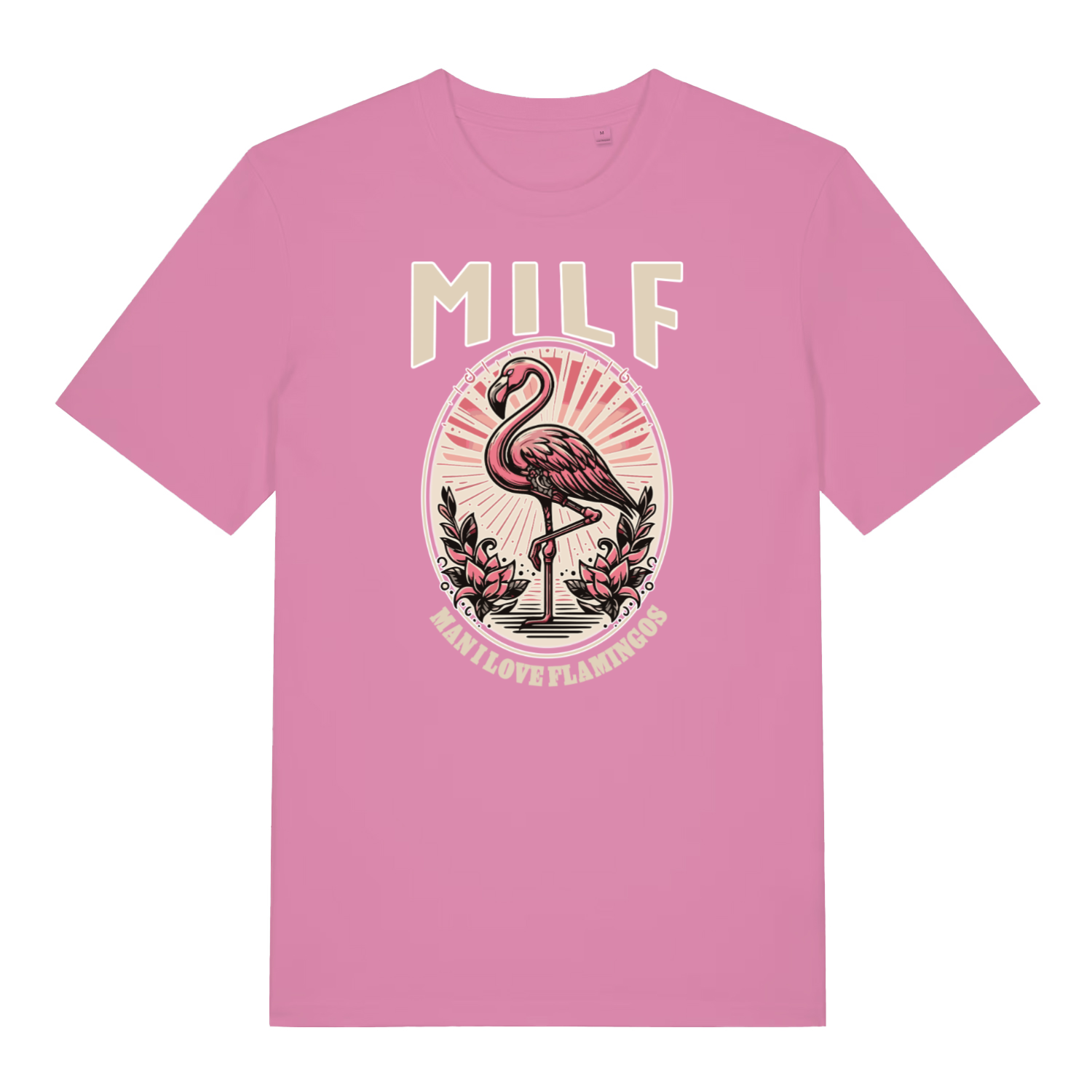 pink women's funny animal t-shirt with the graphic of a flamingo and the slogan 'milf man i love flamingos'