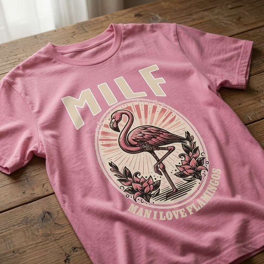 Pink MILF Man I Love Flamingos t-shirt on wood featuring flamingo graphic, ladies cheeky flamingo pun graphic