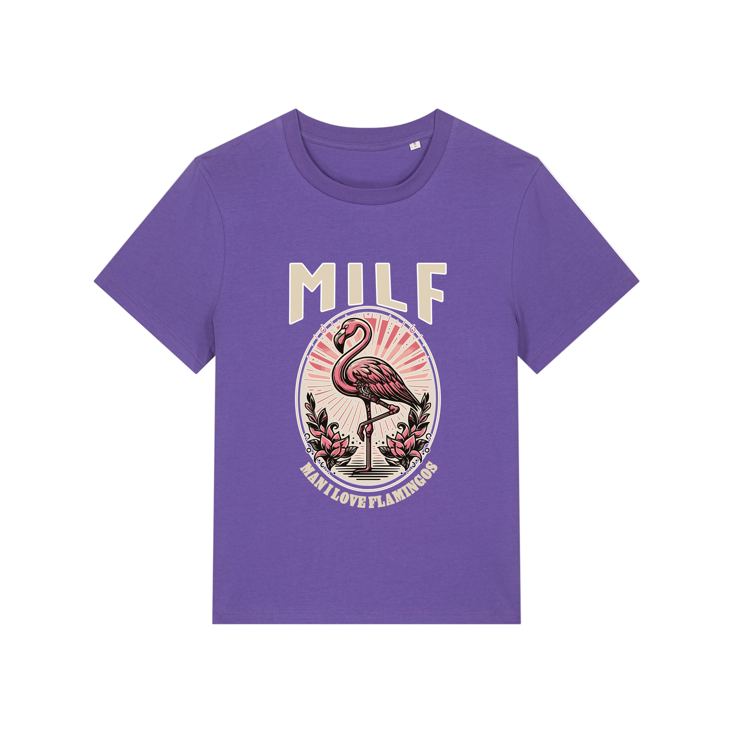 purple funny animal t-shirt with the graphic of a flamingo and the slogan 'milf .. man i love flamingos'